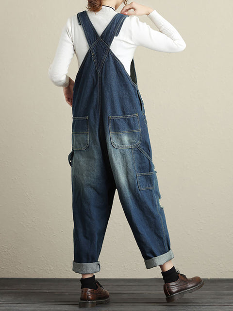 Frauen Sommer Retro Ausgefranste Tasche High-Waist Denim Overalls