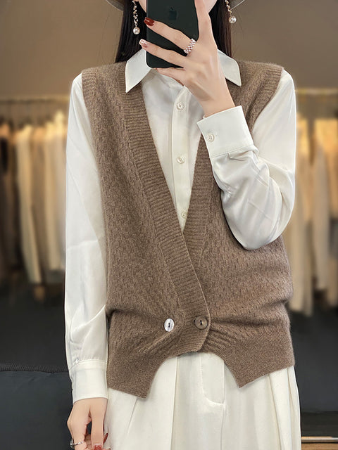 Women Casual Wool Solid V-Neck Irregular Hem Knit Vest