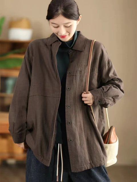 Women Casual Autumn Linen Solid Shirt Coat