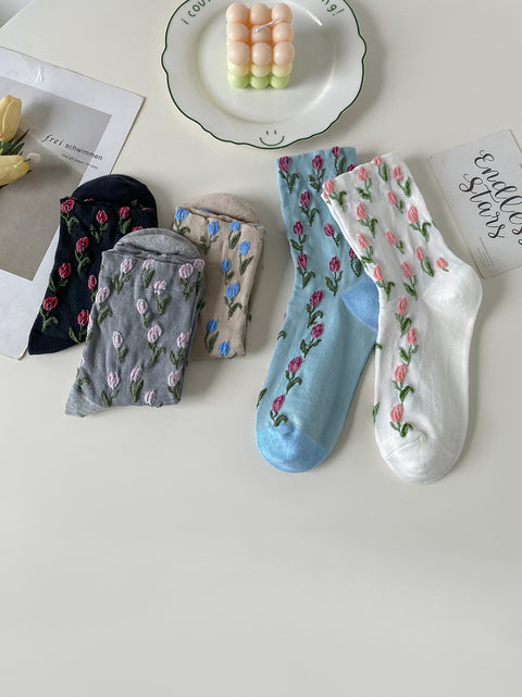 5 Pairs Women Tulip Jacquard Cotton Socks