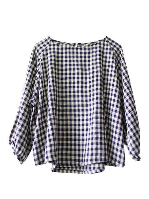 Plus Size Damen Sommer Vintage Plaid Loose Pullover Baumwollhemd