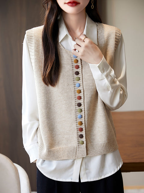 Women Casual Autumn O-Neck Colorful Button Knit Vest