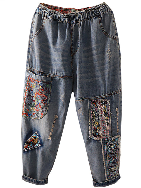 Frauen Sommer Retro Stickerei Spliced ​​Burrs Denim Hosen