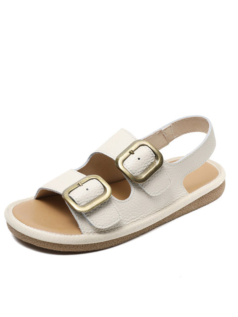 Damen Sommer Casual Leder Flache Knopf Sandalen