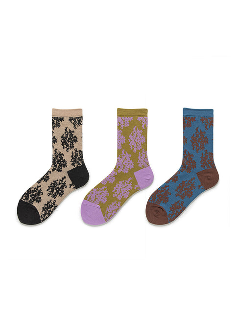 3 Paar Baumwollsocken mit Blumenmuster und Farbblockdesign für Damen