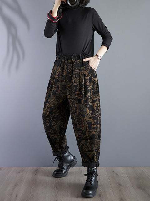 Women Retro Flower Winter Fleece-lined Harem Pants