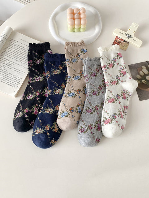 5 Paar Damensocken aus Baumwolle mit Blumenmuster im Jacquard-Stil