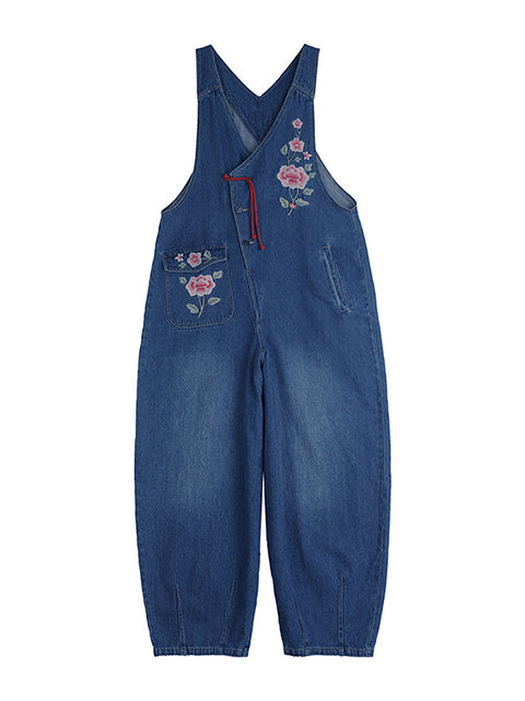 Frauen Frühling Vintage Blumenstickerei Denim Jumpsuits