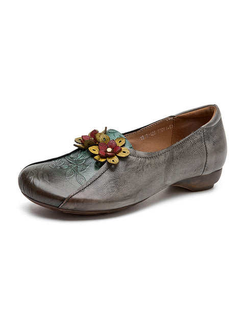 Damen Vintage Blumen Lederschuhe mit niedrigem Absatz