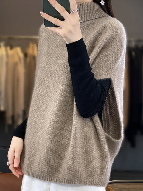 Women Autumn Solid Turtleneck 100%Wool Knit Loose Vest