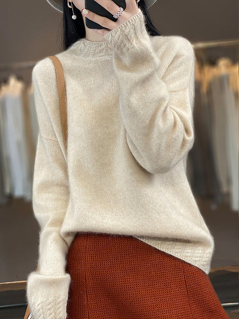 Women Autumn Half-Turtleneck Knit 100%Wool Sweater