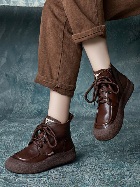 Women Winter Vintage Genuine Leather Strap Platfrom Boots