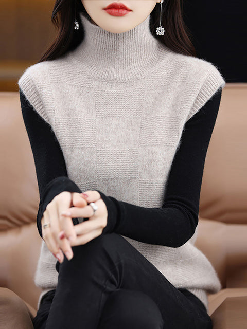 Women Casual Wool Turtleneck Plaid Knit Vest