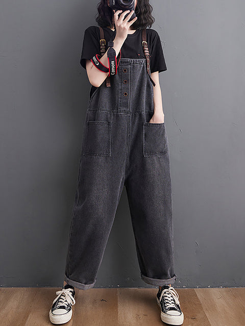 Frauen Retro Frühling Solide Lose Denim Overalls