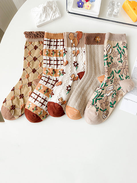 5 Paar Damensocken aus Baumwolle mit künstlerischem Blumenmuster im Jacquard-Stil