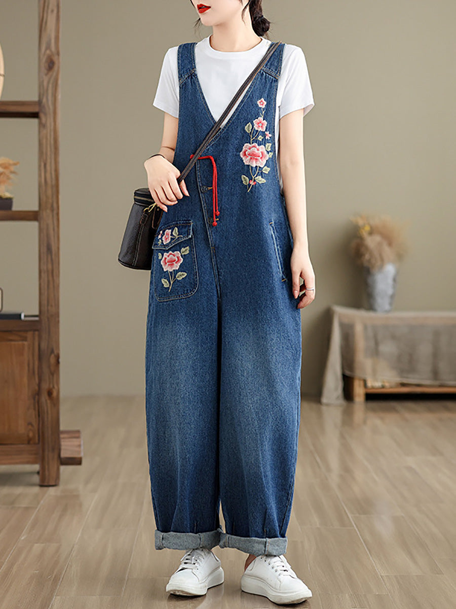 Frauen Frühling Vintage Blumenstickerei Denim Jumpsuits