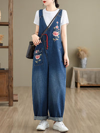 Thumbnail for Frauen Frühling Vintage Blumenstickerei Denim Jumpsuits