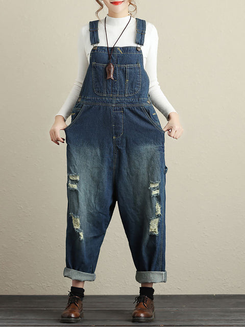 Frauen Sommer Retro Ausgefranste Tasche High-Waist Denim Overalls