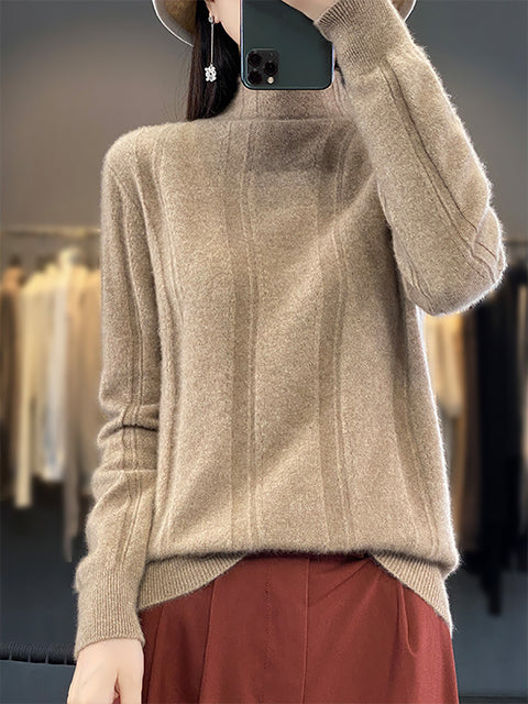 Women Autumn Half-Turtleneck Knit 100%Wool Sweater