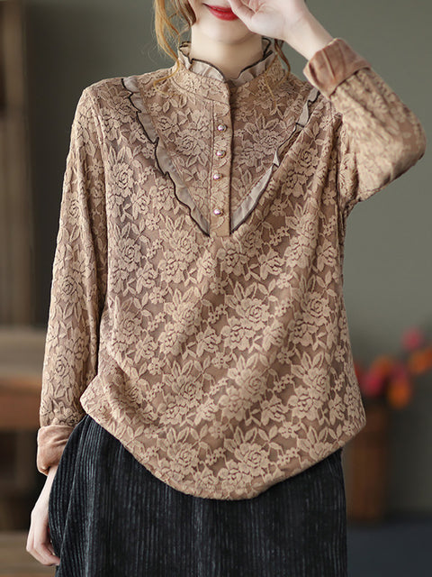 Plus Size Women Elegant Flower Lace Fleece Lined Shirt