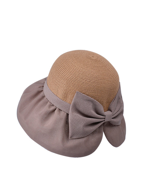 Women Summer Colorblock Straw Bowknot Sunproof Hat