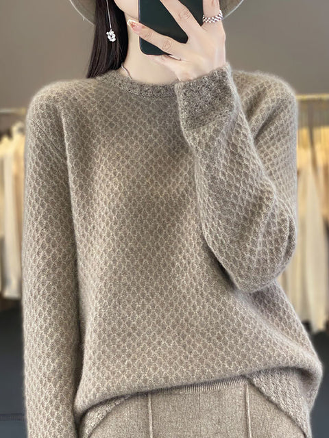 Women Winter Wool Crochet O-Neck Sweater