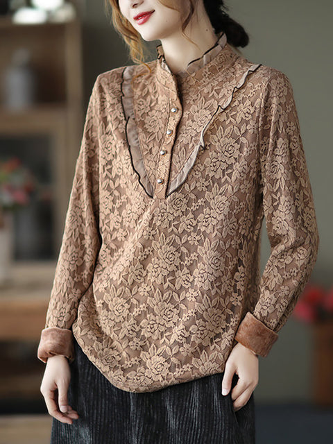 Plus Size Women Elegant Flower Lace Fleece Lined Shirt