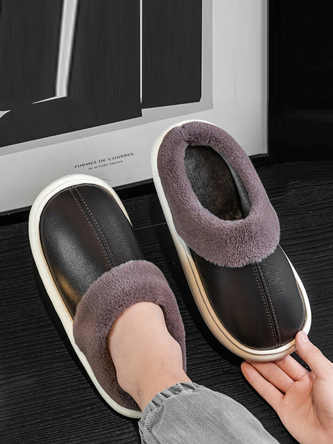 Couple Winter Fleece-lined Leather Slippers