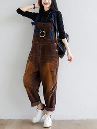 Thumbnail for Damen Retro Colorblock Herbst Denim Jumpsuits