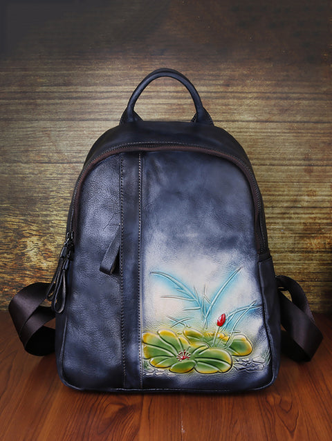 Damen Rucksack mit Vintage Blumenprägung und großem Fassungsvermögen