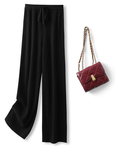 Women Autumn Casual Solid 100%Wool Knit Wide-leg Pants