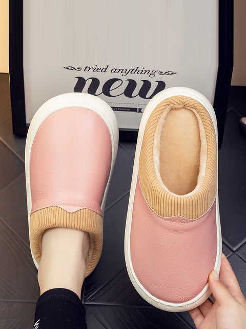 Winter Couple Leather Spliced Plush Flat Slippers