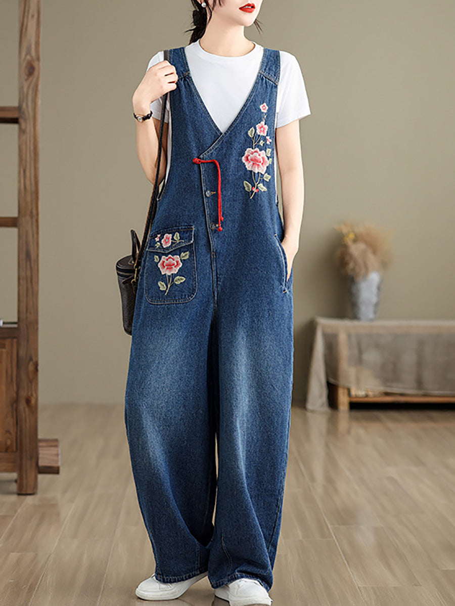 Frauen Frühling Vintage Blumenstickerei Denim Jumpsuits