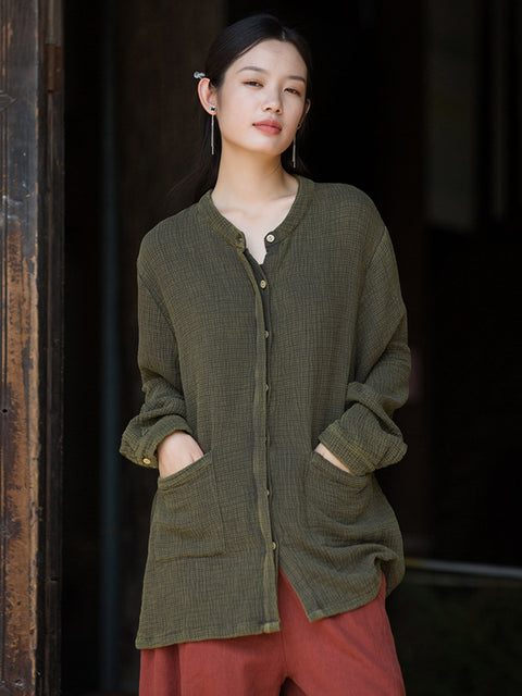 Women Vintage Autumn Solid Cotton O-Neck Shirt Coat