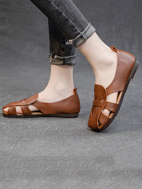 Frauen Sommer solide Vintage Leder aushöhlen weiche Schuhe