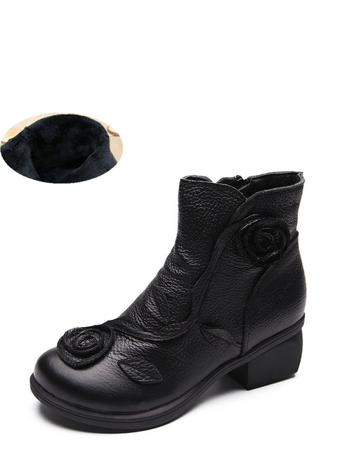 Damen-Retro-Blumen-Leder-Stiefel mit mittelhohem Absatz