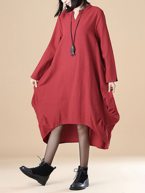 Plus-Size-Baumwoll-Langarm-Lockeres, lässiges rotes Kleid für Damen