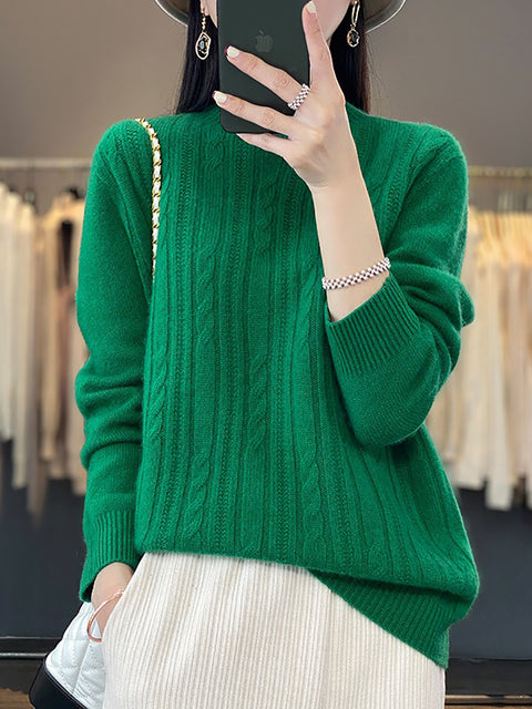 Women Autumn Solid Cable Knit 100%Wool Half Turtleneck Sweater