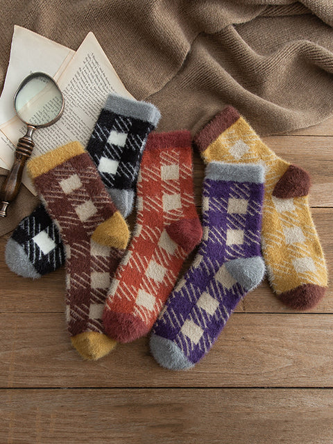 5 Pairs Women Winter Plaid Plush Socks