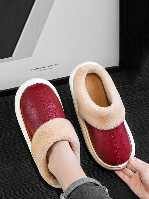 Couple Winter Fleece-lined Leather Slippers