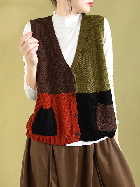 Damen Herbst Colorblock Strickweste mit V-Ausschnitt