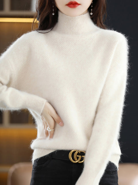 Women Autumn Solid Knit 100%Wool Turtleneck Sweater