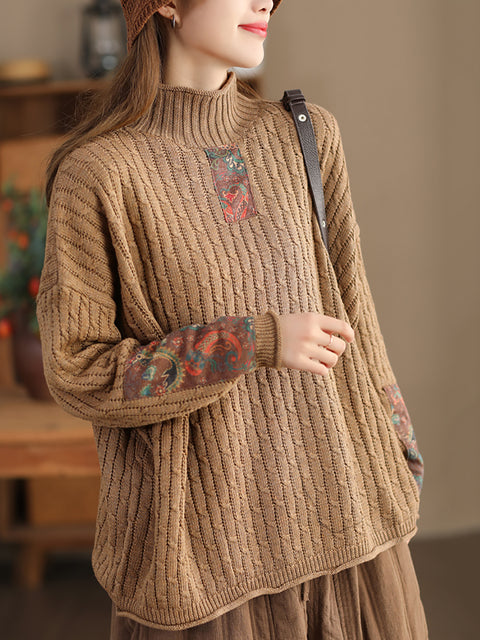 Gestrickter Rollkragenpullover mit Retro-Patch für Damen