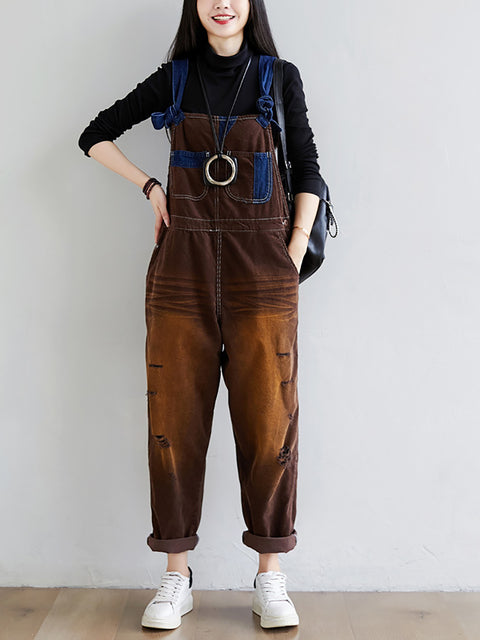 Women Retro Colorblock Autumn Denim Jumpsuits