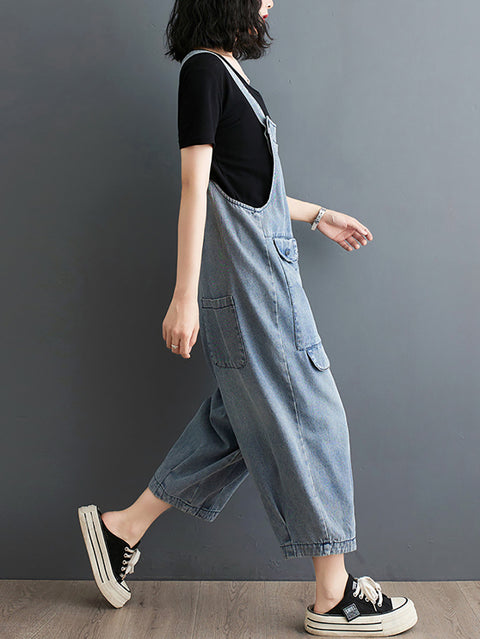 Damen Sommer Einfarbig Lässig Lose Denim Overalls