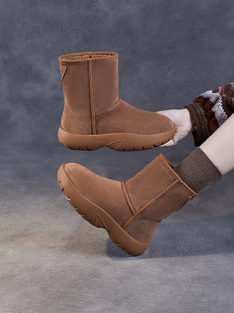 Damen Winter Warme Fleece-gefütterte Leder Schneestiefel mit niedrigem Absatz