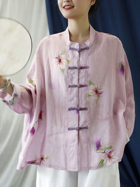 Plus Size Women Vintage Flower Pink Spring Ramie Shirt Coat