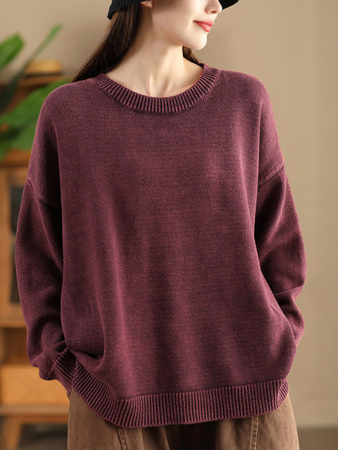 Damen Herbst Lässiger O-Ausschnitt Reine Farbe Strickpullover