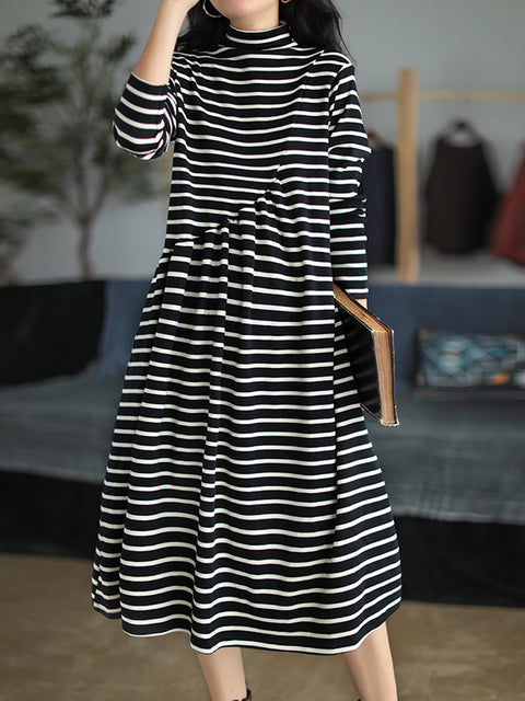 Plus Size Women Autumn Stripe Turtleneck Cotton Dress