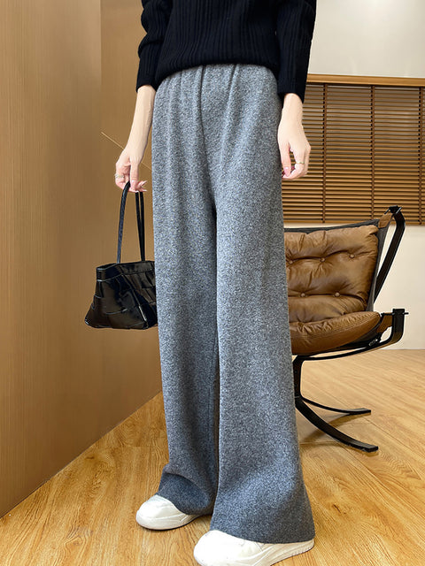 Women Autumn Casual Solid 100%Wool Knit Wide-leg Pants